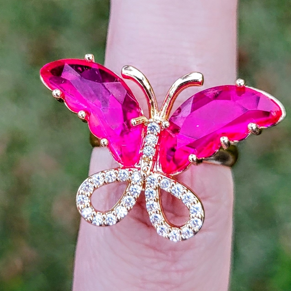 Butterfly Magenta Pink Golden Crystal Gemstone Ring One Size Fits All